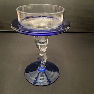 Cobalt Blue Hand-Blown Glass Candlestick Holder with Twisted Stem